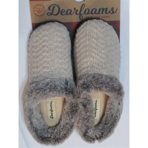 NEW Dearfoams Cream Chevron Knit Sweater w/ Faux Fur Clog Slippers SM 76478